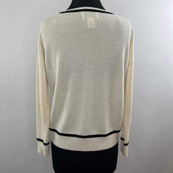 RACHEL ZOE Cashmere Knit Cream Sweater Black Stripe Trim Crew Pullover S Small - Picture 4 of 6